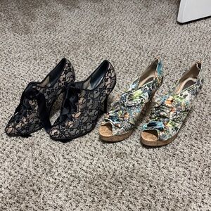 Elegant Black Lace and Floral Wedges